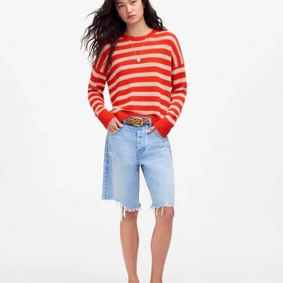 Madewell Linen Drop Shoulder Sweater Bright Flame Stripe Women’s Size XXS NWT - Picture 3 of 7
